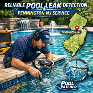 Technician using leak detection equipment on a residential pool in Pennington, NJ.