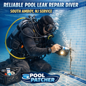 Pool leak repair diver fixes cracked pool wall underwater in South Amboy, NJ.