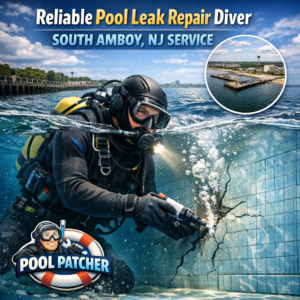 Professional diver inspecting and repairing a pool leak in South Amboy, NJ.