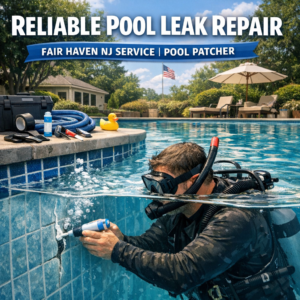 Technician repairing a swimming pool leak using specialized patching tools in Fair Haven, NJ.