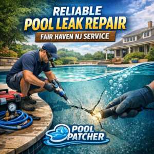 Technician repairing a pool leak outdoors with tools in Fair Haven, NJ.