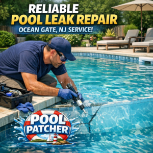 Technician repairing a pool leak using specialized equipment at a residential pool in Ocean Gate, NJ.