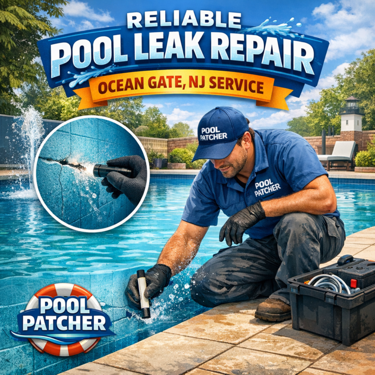 Technician repairing a pool leak using professional tools at a residential pool in Ocean Gate, NJ.
