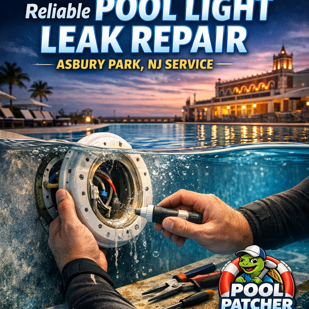 Technician repairing underwater pool light leak in a residential pool, ensuring safety and functionality.