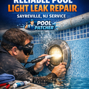 Technician repairing a leaking pool light underwater with tools in Sayreville, NJ.