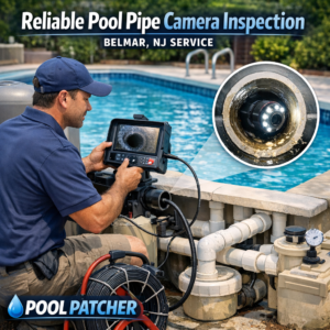 Technician using a specialized camera to inspect pool pipes during a service in Belmar, NJ.