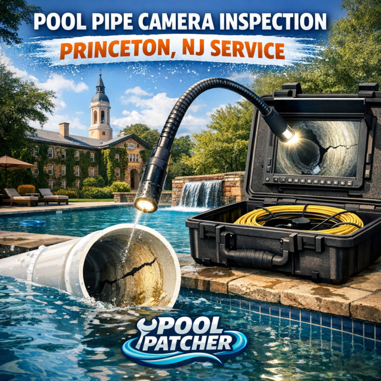 Technician performing pool pipe camera inspection with specialized equipment in a residential backyard in Princeton, NJ.