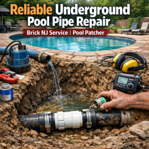 Technician repairing underground pool pipe with tools in a yard, ensuring reliable pool pipe repair service in Brick, NJ.