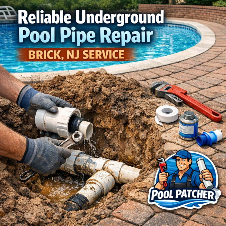 Technician repairing underground pool pipes with equipment and tools in a residential backyard in Brick, NJ.