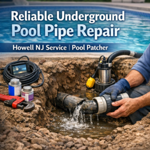 Technician repairing underground pool pipes in Howell, NJ with professional pool patching equipment.