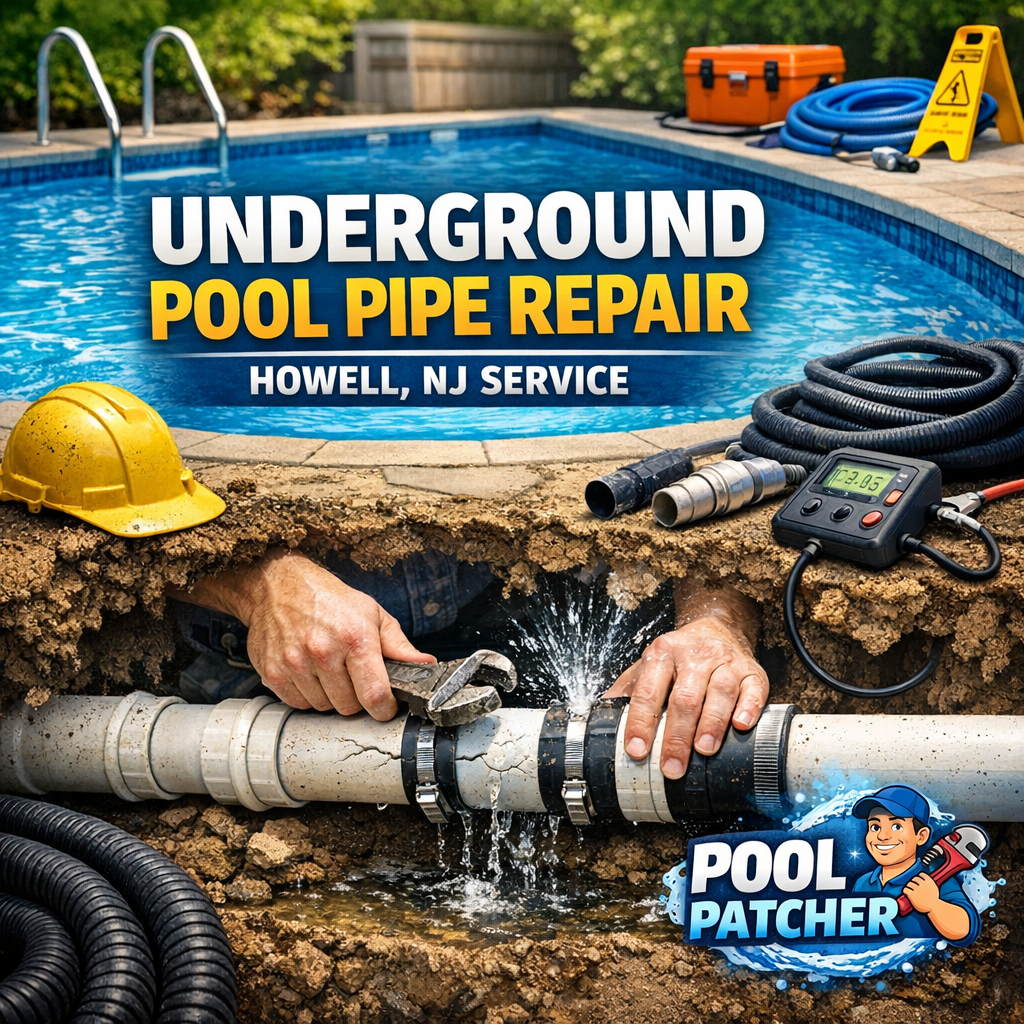 Technician repairing an underground pool pipe with tools and equipment in a residential backyard.