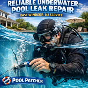 Technician repairing an underwater pool leak with specialized equipment in East Windsor, NJ.