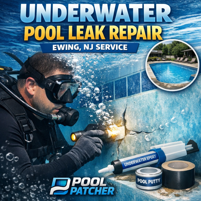 Technician performing underwater pool leak repair in a residential pool in Ewing, NJ.