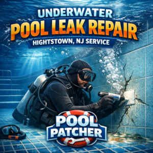 Technician performing underwater pool leak repair in a residential pool in Hightstown, NJ.