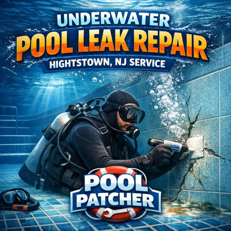 Technician performing underwater pool leak repair in a residential pool in Hightstown, NJ.