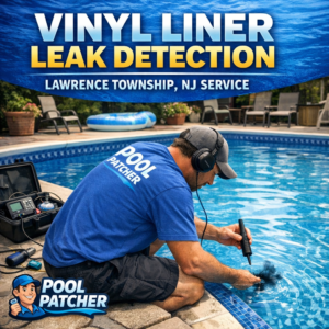 Technician inspecting a vinyl pool liner for leaks in Lawrence Township, NJ, using leak detection equipment.