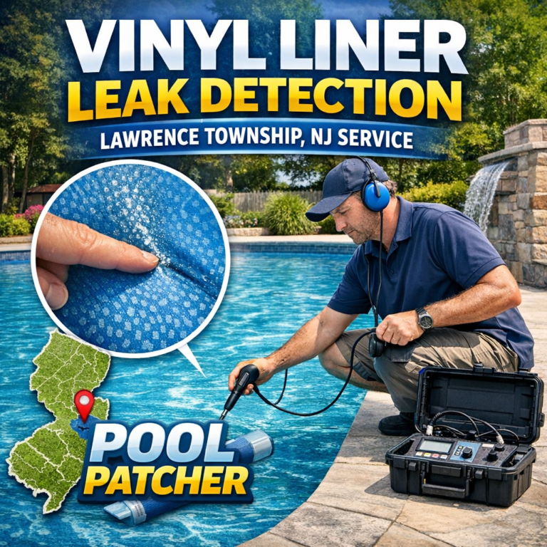 Technician inspecting a pool vinyl liner for leaks using specialized equipment in Lawrence Township, NJ.