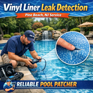 Technician inspecting a vinyl pool liner for leaks using specialized equipment in Pine Beach, NJ.