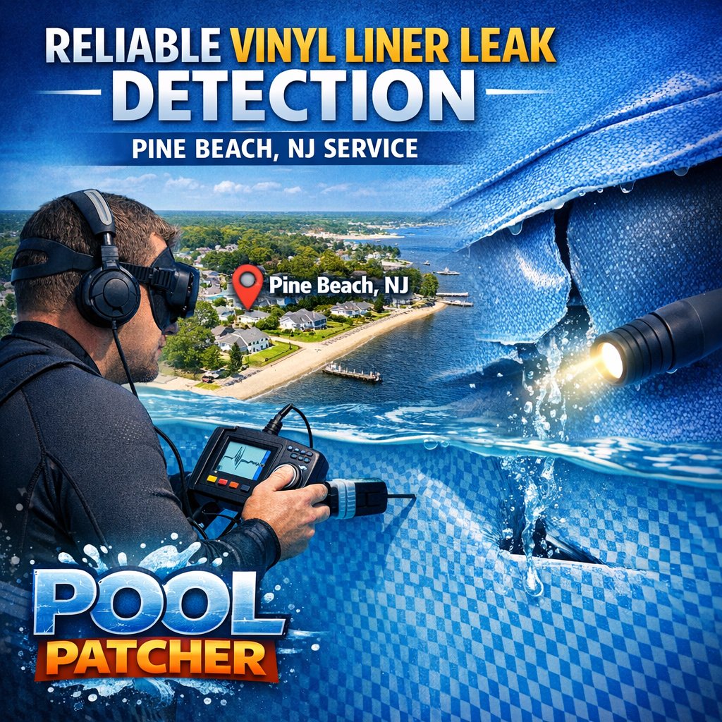 Technician inspecting a vinyl pool liner for leaks using detection equipment in Pine Beach, NJ.