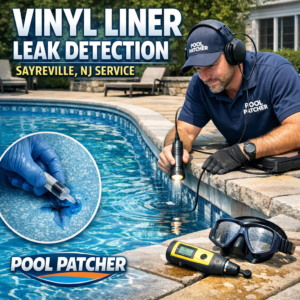 Technician using electronic leak detection equipment on a vinyl liner pool in Sayreville, NJ.