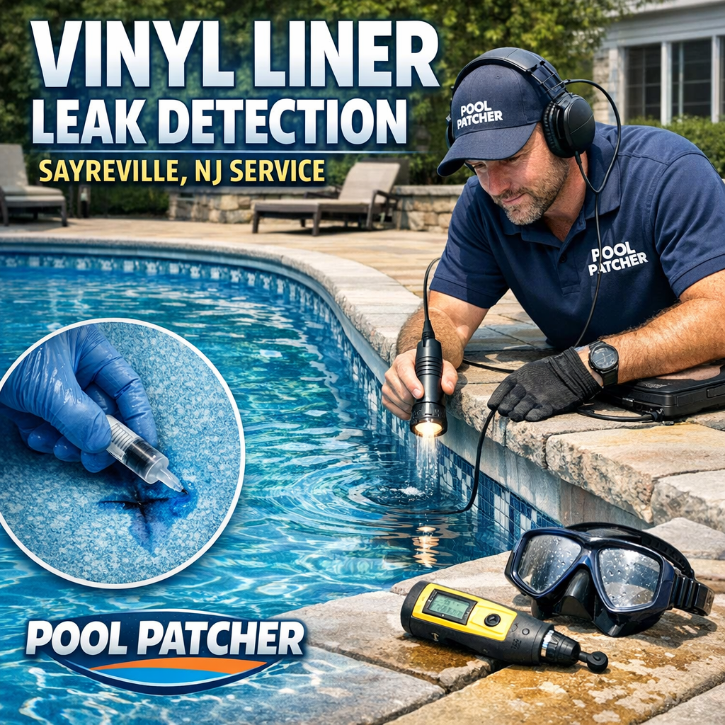 Technician using electronic leak detection equipment on a vinyl liner pool in Sayreville, NJ.