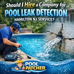 Technician using electronic equipment to detect a pool leak in a residential backyard pool.
