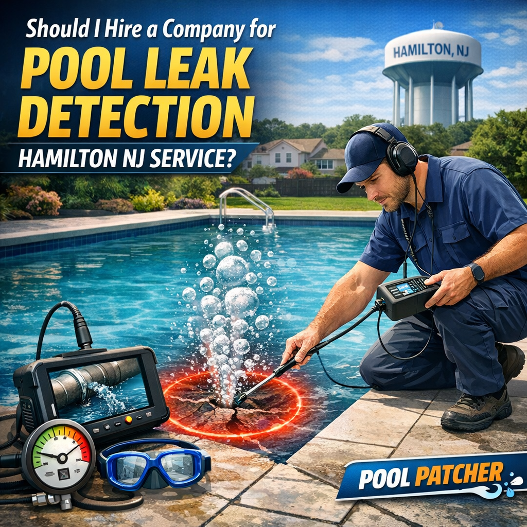 Technician using advanced equipment to detect pool leaks in a residential backyard in Hamilton, NJ.