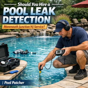 Technician using advanced equipment to detect pool leaks in Monmouth Junction, NJ backyard.