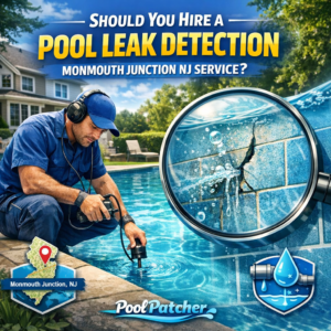 Technician using specialized equipment to detect and repair a pool leak in Monmouth Junction, NJ.