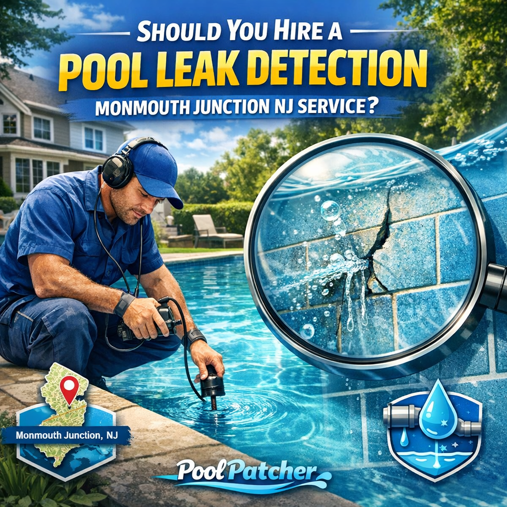 Technician using specialized equipment to detect and repair a pool leak in Monmouth Junction, NJ.