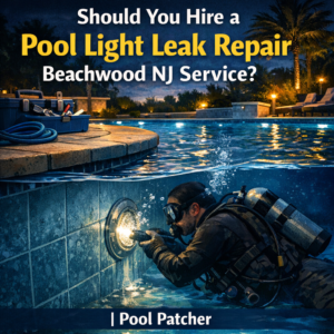 Underwater technician repairing a pool light leak in a residential pool in Beachwood, NJ.