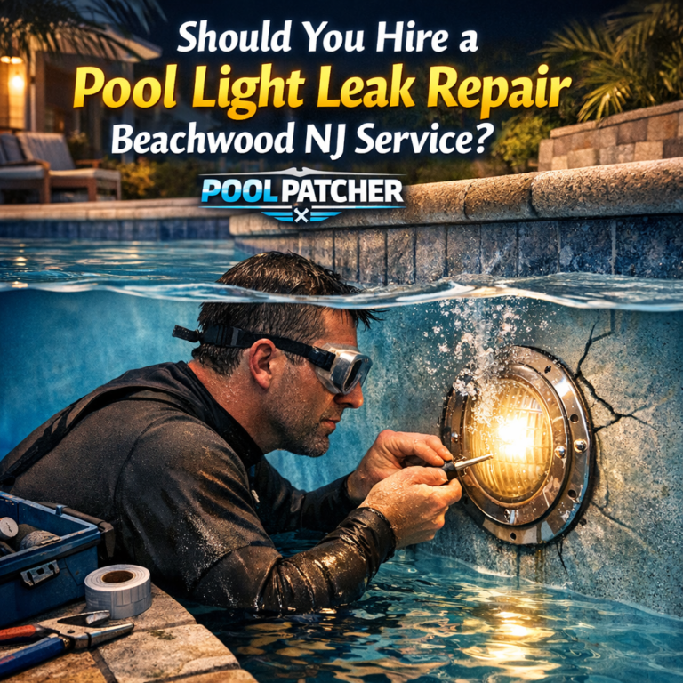 Technician repairing a pool light leak in a residential pool, ensuring safe and effective pool maintenance.