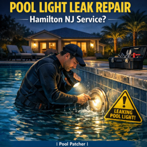 Technician repairing underwater pool light leak with tools in a residential pool at night.