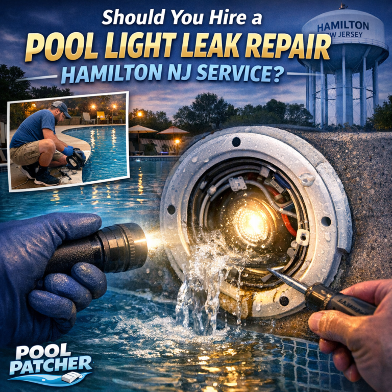 Technician repairing a pool light leak, using tools near a swimming pool at night.