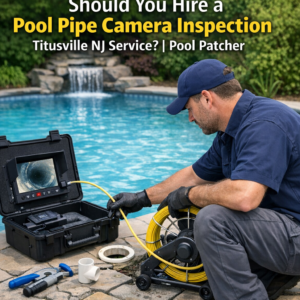Technician performing a pool pipe camera inspection using specialized equipment in Titusville, NJ.