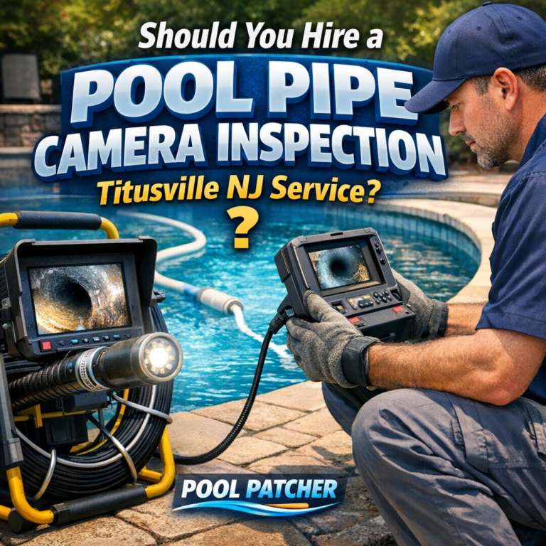 Technician performing a pool pipe camera inspection using specialized equipment in Titusville, NJ.