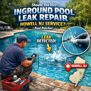 Technician using leak detection equipment to inspect and repair an inground pool in Howell, NJ.