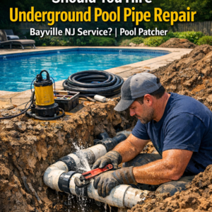 Technician repairing underground pool pipes with tools in Bayville NJ, ensuring professional pool maintenance and patching.