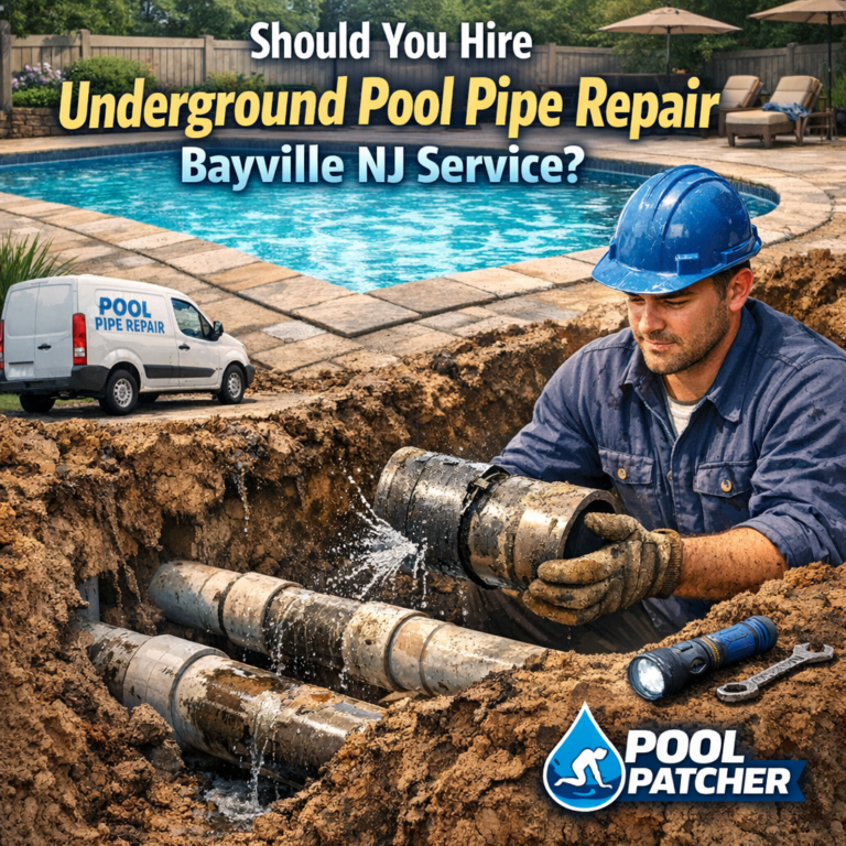 Technician repairing underground pool pipes with tools and equipment in Bayville, NJ.