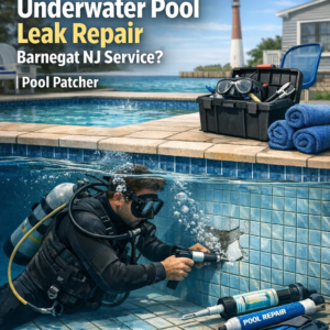 Professional diver repairing an underwater pool leak in Barnegat, NJ using patching tools.
