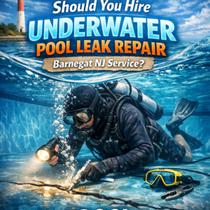 Professional diver repairing an underwater pool leak in Barnegat, NJ, wearing scuba gear and safety wetsuit.