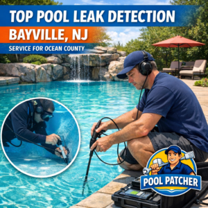 Technician using electronic equipment to detect pool leaks in a residential backyard pool in Bayville, NJ.