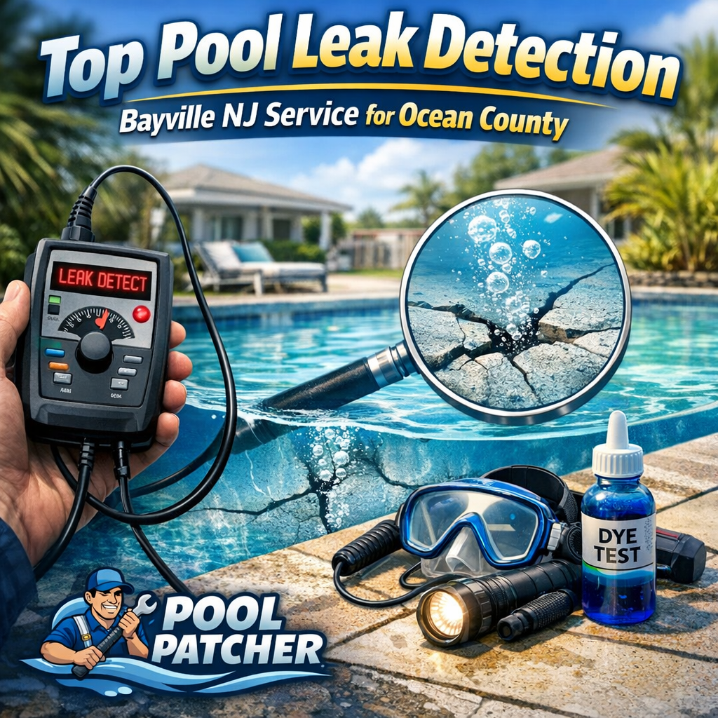 Technician using dye testing to detect a pool leak in Bayville, NJ with professional equipment.
