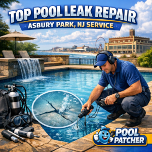 Technician using electronic equipment to detect and repair a pool leak in Asbury Park, NJ.