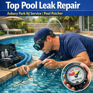 Technician repairing a pool leak using specialized tools in an outdoor Asbury Park NJ pool.