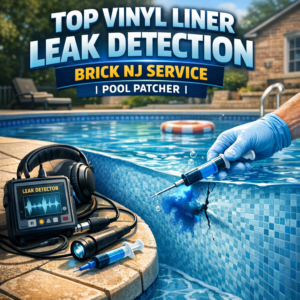 Technician repairing a vinyl pool liner leak using leak detection equipment and patching tools in Brick, NJ.
