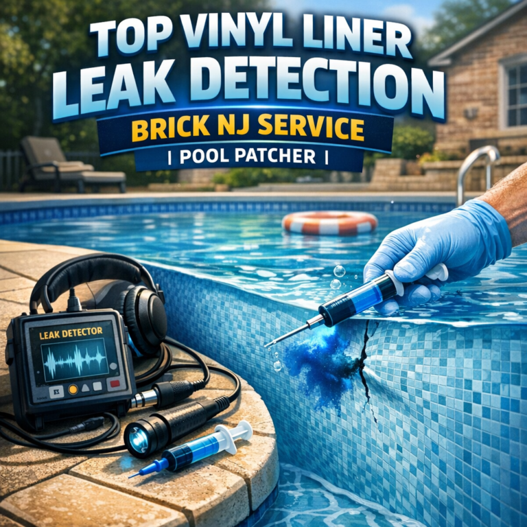 Technician repairing a vinyl pool liner leak using leak detection equipment and patching tools in Brick, NJ.