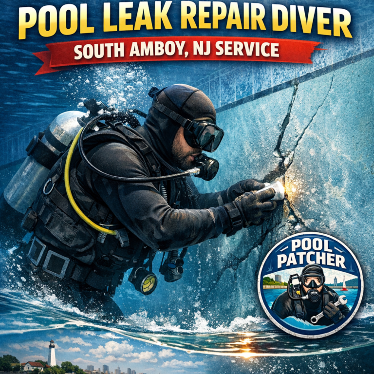 Diver in wetsuit repairing underwater pool leak with tools in a clear blue pool in South Amboy, NJ.
