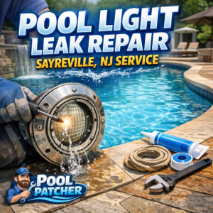 Technician repairing a pool light leak underwater in a residential pool in Sayreville, NJ.