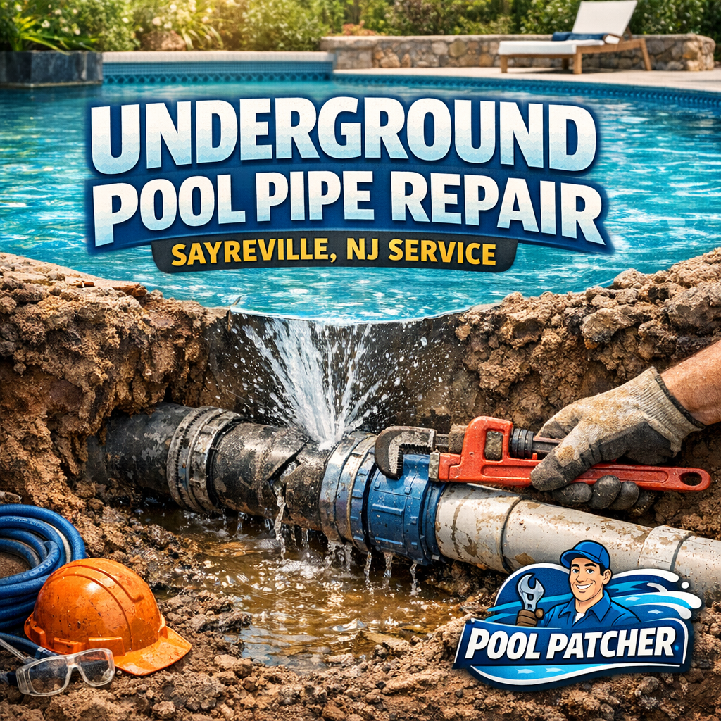 Technician repairing underground pool pipe with specialized tools at a residential site in Sayreville, NJ.